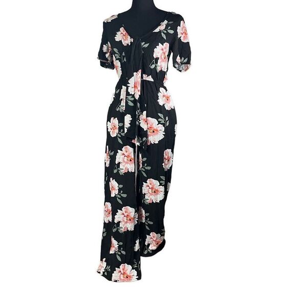 Band of Gypsies Black and Pink Floral Self Tie Jumpsuit N0159 - Picture 1 of 11